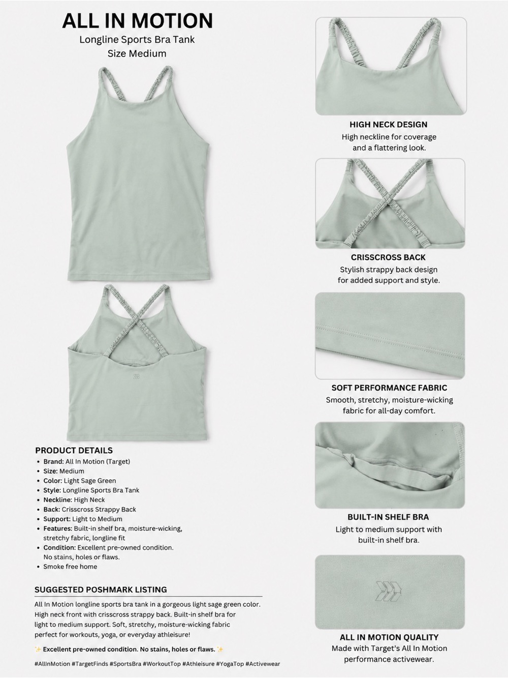 All in Motion Light Sage Green Crisscross Back Longline Sports Bra Tank
